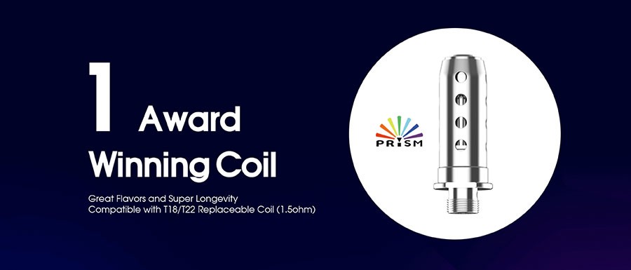 The Endura T18 II 2ml vape tank utilises Prism 1.5 Ohm coils, delivering a MTL inhale.